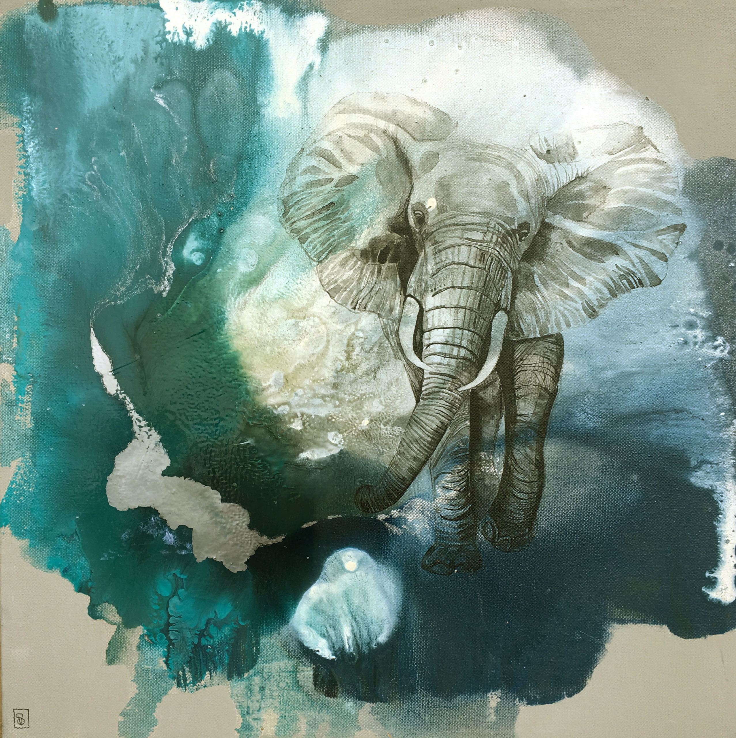 Vicky Sanders Abstract Figurative - Elephant on Blue #1