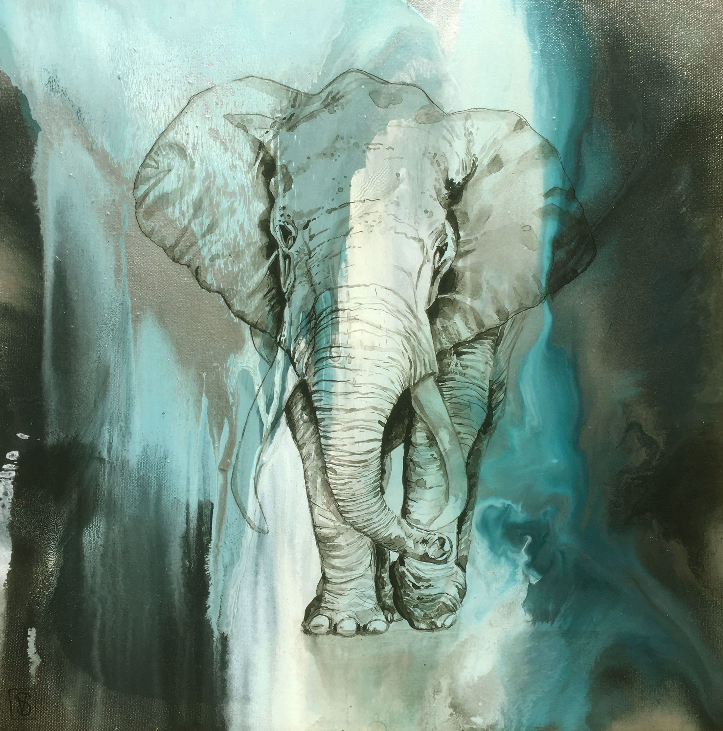 Vicky Sanders Abstract Figurative - Elephant on Blue #2